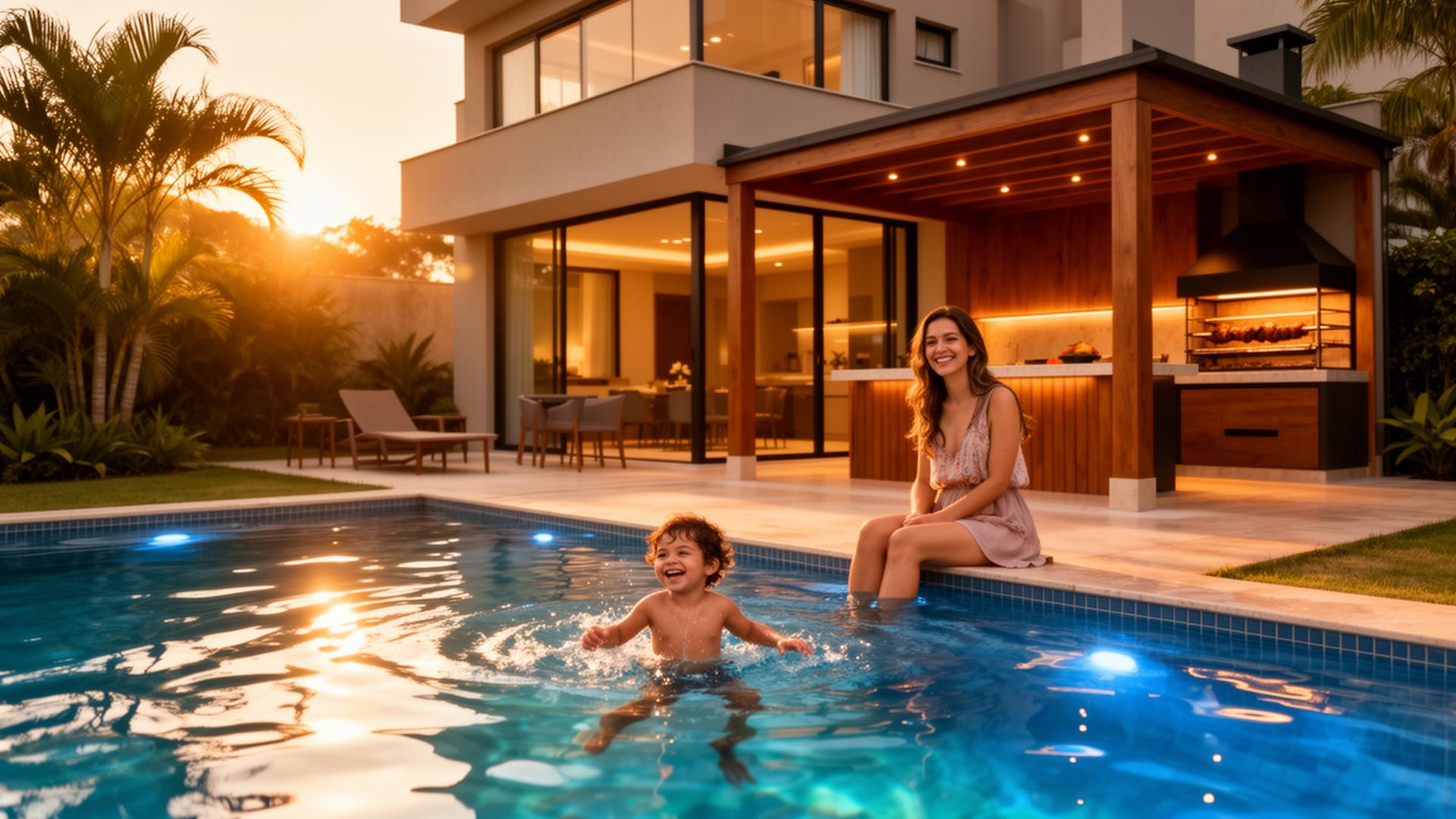 Família curtindo piscina iluminada ao entardecer com churrasqueira gourmet ao fundo