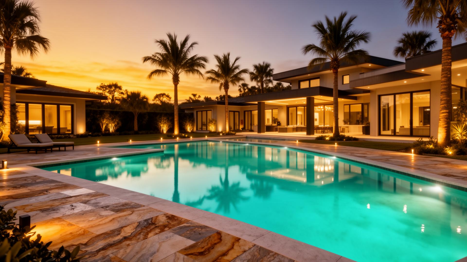 Piscina de luxo iluminada em residência sofisticada da UJR Piscinas